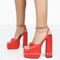 Red Sparkly Heeled Sandals with Rhinestone Straps